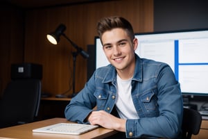 A young man,  wearing a jean jacket and t-shirt , sitting in a studio room, looking in the camera, computer desk, microphone, light at back, table in front, laptop on table, camera angle infornt of the face , little smile on face, high details 4k 