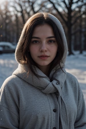 A 23 year old  girl with a serene expression stands proudly atop a majestic snow-covered mountain, bundled up in warm winter clothes to shield against the chill. Their face with pale skin, illuminated by the brilliant sunlight on this beautiful day, captivates the viewer with its genuine beauty. This stunning photograph, taken with a Fujifilm XT3 camera, captures every intricate detail of their features in astonishingly high resolution – an impressive 8k UHD RAW photo. The image carries a subtle touch of film grain, lending it a nostalgic feel. With a direct gaze into the camera, it brings forth a remarkable sense of intimacy and connection.