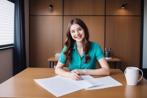 A young 22 year old beautiful Russian woman smiling name Jeane wearing a trendy outfit that showcases her vibrant look, sitting in a desk facing into camera,straight body and face, straight face into the camera, modern background with cool lighting,background wall decor,air conditioner, mic on the desk, paper and pen with other gadgets lying around there, high details 4k 