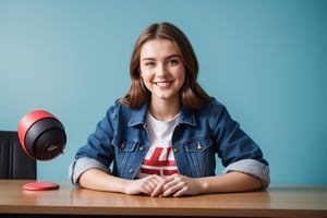 A young 22 year old beautiful Russian woman smiling name Jeane wearing a jean jacket and t-shirt, sitting in a desk facing into camera,straight body and face, modern background with cool lighting,background wall decor, mic on the desk with other gadgets lying around there, high details 4k 