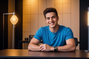 A young 22 year old handsome movie enthusiasts man smiling, wearing a blue t-shirt and a stylish watch, sitting in a desk facing into camera, straight body and face, modern background with cool lighting, background wall decor, mic on the desk with other gadgets lying around there, high details 4k