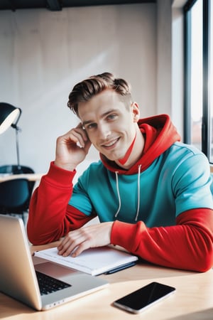 A charming Instagram model sitting in his modern desk with laptop and other gadgets lying on it.  wearing a red hoodie that showcases their vibrant personality. The model has a cheerful smile and their eyes are captivating, drawing viewers in. The indoor environment is modern and chic, with minimalist decor and soft pastel colors. The sunlight streaming through the window highlights their features and creates a warm atmosphere. The camera captures the model in a medium shot, with a 50mm lens, emphasizing their natural beauty and fashion sense. The image has a high resolution of 4K, with soft, natural lighting that enhances the model's skin tones and the colors of their outfit. The inspiration for this image comes from fashion photographers on platforms like Instagram and Vogue. The render style is focused on realism and detailed textures, and the final result is a captivating portrayal