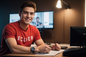 A young 22 year old handsome man movie enthusiasts, smiling, wearing a red  t-shirt and a stylish watch , sitting in a desk facing into camera,straight body and face, modern background with cool lighting,background wall decor, cinematic lighting, charismatic view, mic on the desk with other gadgets lying around there, high details 4k 