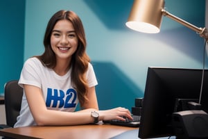 A young 22 year old beautiful British movie enthusiasts women smiling, wearing a blue  t-shirt and a stylish watch , sitting in a desk facing into camera,straight body and face, modern background with cool lighting,background wall decor, mic on the desk with other gadgets lying around there, high details 4k 