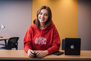 A young 22 year old beautiful Russian woman smiling name Jeane wearing a red hoodie and t-shirt, sitting in a desk facing into camera,straight body and face, modern background with cool lighting,background wall decor, mic on the desk with other gadgets lying around there, high details 4k 