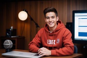 A young man,  wearing a red hoodie, sitting in a studio room, looking in the camera, computer desk, microphone, light at back, table in front, laptop on table, camera angle infornt of the face , little smile on face, high details 4k 