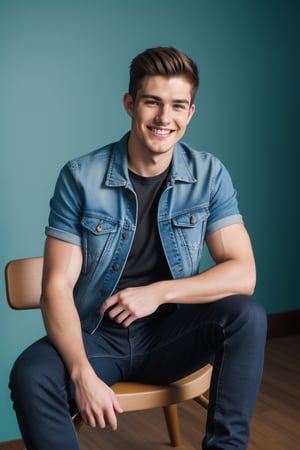 A young 22 year old handsome man smiling name Chris wearing a jean jacket and t-shirt, sitting on a chair facing into camera,straight body and face, modern background with cool lighting,background wall decor, high details 4k 