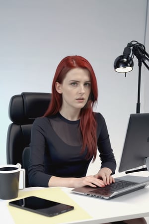 A Young beautiful woman character sitting and speaking on a chair behind a table with his laptop on the table in his studio. He is wearing a light red , black hair, confident . There are some gadgets lying around in and around his desk. He is facing the camera at the front .Ultra HD, detailed face, high quality, photorealism, 4k ar--16:9