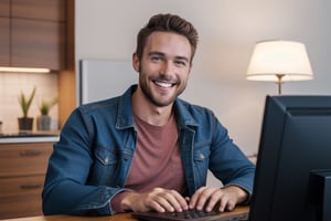 solo, looking at viewer, smile, short hair, brown hair, shirt, 1boy, sitting, jacket, male focus, teeth, indoors, grin, facial hair, chair, blue jacket, red shirt, realistic, lamp, computer, monitor, laptop, keyboard \(computer\), denim jacket