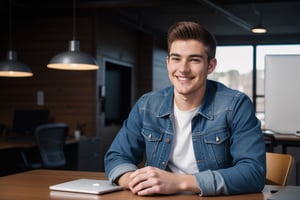 A young 22 year old handsome man smiling name Chris wearing a jean jacket and t-shirt, sitting in a desk facing into camera,straight body and face, modern background with cool lighting, laptop on the desk with other gadgets lying around there, high details 4k 