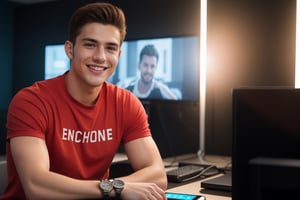 A young 22 year old handsome man movie enthusiasts, smiling, wearing a red  t-shirt and a stylish watch , sitting in a desk facing into camera,straight body and face,facing straight, modern background with cool lighting,background wall decor, cinematic lighting, charismatic view, mic on the desk with other gadgets lying around there, high details 4k 