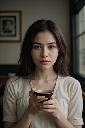 A 23 year old girl, in a beautiful coffee shop, having a cup of coffee, delightful, wearing a trendy outfit that showcases her vibrant look, 
This stunning photograph, taken with a Fujifilm XT3 camera, captures every intricate detail of their features in astonishingly high resolution – an impressive 8k UHD RAW photo. The image carries a subtle touch of film grain, lending it a nostalgic feel. With a direct gaze into the camera, it brings forth a remarkable sense of intimacy and connection.