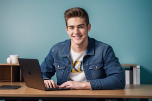 A young 22 year old handsome man smiling name Chris wearing a jean jacket and t-shirt, sitting in a desk facing into camera,straight body and face, modern background with cool lighting, laptop on the desk with other gadgets lying around there, high details 4k 