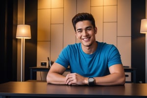 A young 22 year old handsome movie enthusiasts man smiling, wearing a blue  t-shirt and a stylish watch , sitting in a desk facing into camera,straight body and face, modern background with cool lighting,background wall decor, mic on the desk with other gadgets lying around there, high details 4k 
