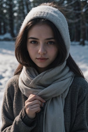 A 23 year old  girl with a serene expression stands proudly atop a majestic snow-covered mountain, bundled up in warm winter clothes to shield against the chill. Their face with pale skin, illuminated by the brilliant sunlight on this beautiful day, captivates the viewer with its genuine beauty. This stunning photograph, taken with a Fujifilm XT3 camera, captures every intricate detail of their features in astonishingly high resolution – an impressive 8k UHD RAW photo. The image carries a subtle touch of film grain, lending it a nostalgic feel. With a direct gaze into the camera, it brings forth a remarkable sense of intimacy and connection.