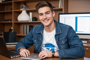 A young 22 year old handsome man smiling name Chris wearing a jean jacket and t-shirt, sitting in a desk facing into camera, laptop on the desk with other gadgets lying around there, high details 4k 