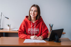 A young 22 year old beautiful Russian woman smiling name Jeane wearing a red hoodie and t-shirt, sitting in a desk facing into camera,straight body and face, modern background with cool lighting,background wall decor, mic on the desk, paper and pen with other gadgets lying around there, high details 4k 