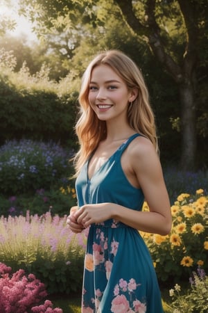 A girl with beautiful detailed blonde hair, vibrant blue eyes, and rosy cheeks. She is wearing a floral dress and has a big smile on her face. The background is a sunny garden filled with colorful flowers and lush green trees. The portrait is painted in a realistic style, capturing every intricate detail of the girl's features and the surrounding nature. The lighting is soft and natural, creating a warm and inviting atmosphere. The image quality is of the highest standard, with ultra-detailed brushwork and vivid colors. The overall tone of the artwork is cheerful and bright, reflecting the excitement and joy of the young girl.photorealism, 4k ar--16:9,photorealistic,lora_claire,irish