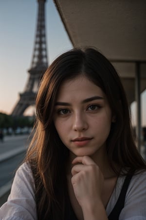 A 23 year old girl, in front of the Eiffel Tower with people walking in the background, warm light, evening time, realistic 
This stunning photograph, taken with a Fujifilm XT3 camera, captures every intricate detail of their features in astonishingly high resolution – an impressive 8k UHD RAW photo. The image carries a subtle touch of film grain, lending it a nostalgic feel. With a direct gaze into the camera, it brings forth a remarkable sense of intimacy and connection.