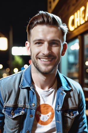 Close up photo of a smiling handsome man Name Chris wearing a jean jacket and t-shirt in the coffee shop at night high details 4K