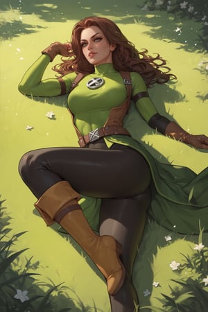 score_9, score_8_up, score_7_up, score_6_up, score_5_up, score_4_up, rogue from xmen,in her jugle outfit, in a sexy pose lying on the grass