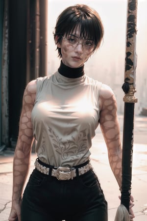 ultra realistic 8k cg, masterpiece, ((ultra detailed background, delicate pattern, intricate detail)), (highly detailed, fine details), best quality, 1girl, (photorealistic:1.4),beautiful lighting,  absurdres, RAW photo, film grain, ((medium breasts, slim girl)), MakiZenin, 1girl, solo, short hair, black hair, (scar, scar on face, burn scar, muscular female), sleeveless, pants, black pants, shirt, holding, weapon, belt, sword, glasses, turtleneck, one closed eye, (complex detailed background, outside, urban environment, cowboy shot), ,  ,   ,MakiZenin