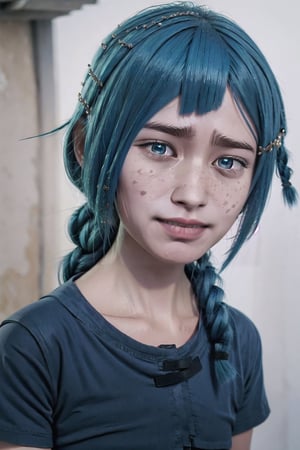 Kajin Man, KajinMan, powder from arcane, asymmetrical bangs, bangs, blue eyes, blue hair, braid, hair ornament, hairclip, single braid, side braid, freckles, lips, bikini, smile