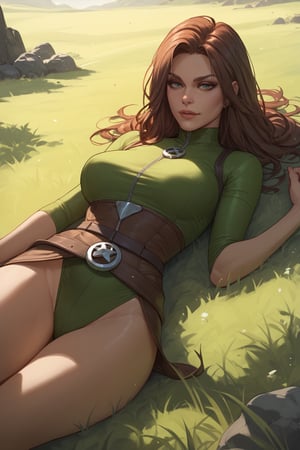 score_9, score_8_up, score_7_up, score_6_up, score_5_up, score_4_up, rogue from xmen,in her jugle outfit, in a sexy pose lying on the grass