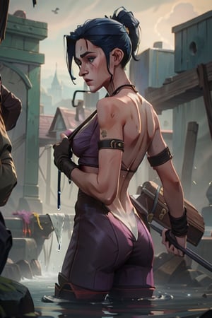 Caitlyn , naked, ,arcane style, wet skin, scars, cuts, behind, 