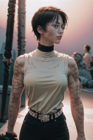 ultra realistic 8k cg, masterpiece, ((ultra detailed background, delicate pattern, intricate detail)), (highly detailed, fine details), best quality, 1girl, (photorealistic:1.4),beautiful lighting,  absurdres, RAW photo, film grain, ((medium breasts, slim girl)), MakiZenin, 1girl, solo, short hair, black hair, (scar, scar on face, burn scar, muscular female), sleeveless, pants, black pants, shirt, holding, weapon, belt, sword, glasses, turtleneck, (complex detailed background, outside, urban environment), back view, MakiZenin