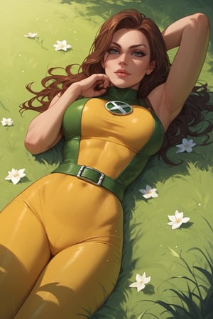 score_9, score_8_up, score_7_up, score_6_up, score_5_up, score_4_up, rogue from xmen,in her jugle outfit, in a sexy pose lying on the grass