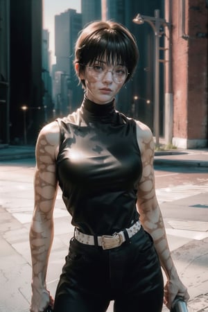 ultra realistic 8k cg, masterpiece, ((ultra detailed background, delicate pattern, intricate detail)), (highly detailed, fine details), best quality, 1girl, (photorealistic:1.4),beautiful lighting,  absurdres, RAW photo, film grain, ((medium breasts, slim girl)), MakiZenin, 1girl, solo, short hair, black hair, (scar, scar on face, burn scar, muscular female), sleeveless, pants, black pants, shirt, holding, weapon, belt, sword, glasses, turtleneck, one closed eye, (complex detailed background, outside, urban environment, cowboy shot), ,  ,   ,MakiZenin