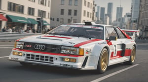 A futuristic hi-tech Rally Car inspired by Audi Sport quattro S1 1986, on the road in city area background, perspective side view, symmetrical,