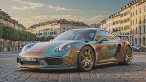 A Mersedes inspired by Porsche, parked in city area background, perspective view, symmetrical, (car painted in style of Leonardo da Vinci):1,more detail XL