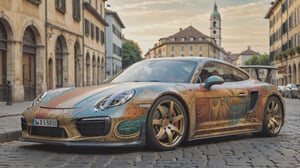 A Mersedes inspired by Porsche, parked in city area background, perspective view, symmetrical, (car painted in style of Leonardo da Vinci):1,more detail XL