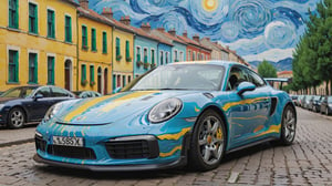 A Mersedes inspired by Porsche, parked in city area background, perspective view, symmetrical, (painted in style of Vincent van Gogh):1,more detail XL