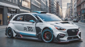 A futuristic hi-tech Rally Car inspired by Hyundai i30 N, Cyberpunk-inspired Rally Car, on the road in city area background, parked, front view, symmetrical, chameleon color, symmetrical wheels, big wheels, white rims, 