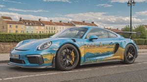 A Mersedes inspired by Porsche, parked in city area background, perspective view, symmetrical, (car painted in style of Vincent van Gogh):1,more detail XL