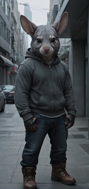 Create a chinchilla man, on futuristic Kawasaki, wearing hoddie and jeans, hood covering his head, big ears, boots, city, outdoors, looking in camera, high detailed, photo r3al, Movie Still,Walz