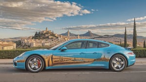 A Mersedes inspired by Porsche, parked in city area background, perspective view, symmetrical, (car painted in style of Salvador Dali):1,more detail XL