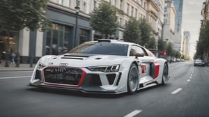 A futuristic hi-tech Rally Car inspired by Audi Quattro, on the road in city area background, perspective side view, symmetrical,