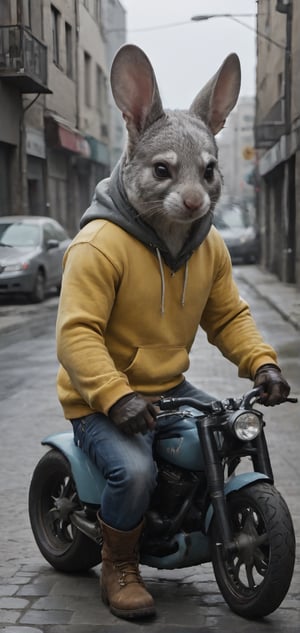 Create a chinchilla man, on yellow motorbike, wearing  multicolored hoddie and jeans, hood covering his head, big ears, boots, city, outdoors, looking in camera, high detailed, photo r3al, Movie Still,Walz