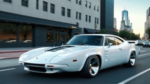 A futuristic hi-tech Porsche inspired by Dodge Charger 1970, on the road in city area background, perspective view, symmetrical, chameleon body color, white rims on wheels, 4 wheels,more detail XL,photorealistic