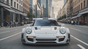 A futuristic hi-tech Rally Car inspired by Porsche 959, on the road in city area background, parked, front view, symmetrical,