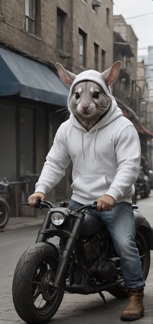 Create a chinchilla man, on motorbike, wearing  white hoddie and jeans, hood covering his head, big ears, boots, city, outdoors, looking in camera, high detailed, photo r3al, Movie Still,Walz