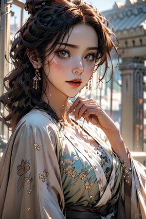  A beautiful female, wearing hanfu, looking at the camera, oiled skin, alightly tanned skin, beautiful face,gongbiv, girl,shaded face,dwarfoil,Cinematic lighting, ethereal light, extremely detailed, astounding details, full colored), gorgeous light and shadow, detailed decoration, detailed lines. masterpiece, best quality, HDR, UHD, 