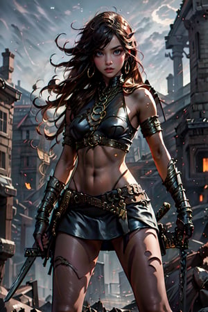  A female warriorl, wearing leather microskirt revealing legs, fighting elegant pose,  (Cinematic lighting, ethereal light, intricate details, extremely detailed, incredible details, full colored), complex details, hyper maximalist, gorgeous light and shadow, detailed decoration, detailed lines. masterpiece, best quality, HDR, UHD, unreal engine. looking at the camera, fair skin, beautiful face,gongbiv, girl,1 girl,holding sword