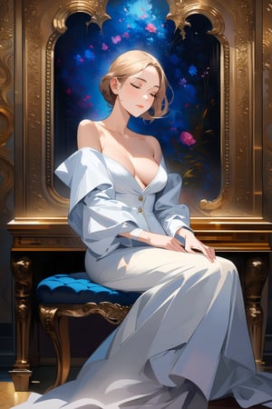 elegant woman dressing elegant clothes, sitting, upper body, expressionism, luxurious room. closed eyes, masterpiece, high quality,Fine art parody,Oil painting style