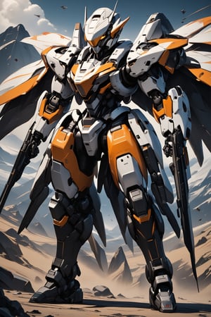 solo, Aldnoah Zero, giant robot, mecha, orange mecha, armor, no humans, robot, mecha, science fiction, full body, impresive landscape in background, aiming pose, dual pistols, stunning image, ((masterpiece: 2)), epic textures, matellic textures, helmet, digital art, professional style, detailed image, detailed robot, white mecha, golden marks, full body, film poster image, image background, Kataphrakt from aldnoah zero.,real robot