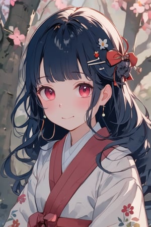 A solo girl with black hair and bangs, adorned with hair ornaments and hair rings, standing outdoors. She wears a kimono with a floral print, showing a subtle smile, red eyes, and jewelry including earrings. She looks directly at the viewer with a closed mouth, focusing on her upper body. The setting features a tree with cherry blossoms, creating a blurry background with depth of field, enhancing the floral and tassel details of her attire.